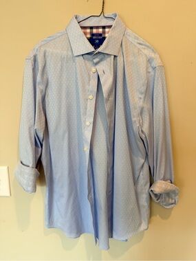 Egara Light Blue Patterned Men's Dress Shirt with Plaid Cuffs